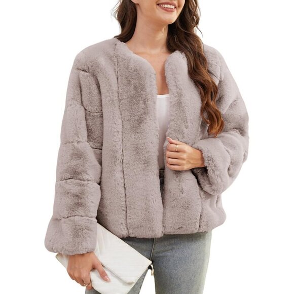 Jackets & Blazers - Women's Faux Fur Coat Long Sleeves Open Front Warm Winter Cropped Jacket Khaki